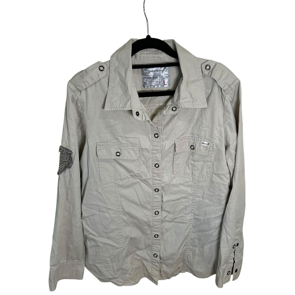 Seven 7 Top Womens Large Cotton Khaki Beige Long Sleeve Patch Shirt‎ Snaps